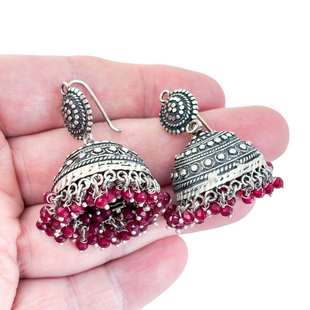 Vintage Silver Tone Red Glass Bead Indian Jhumka Earrings